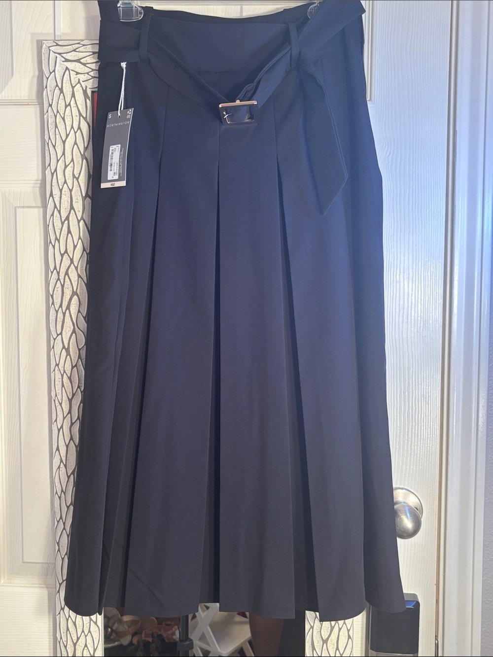 Worthington Black Pleated Midi Skirt with Waist Tie